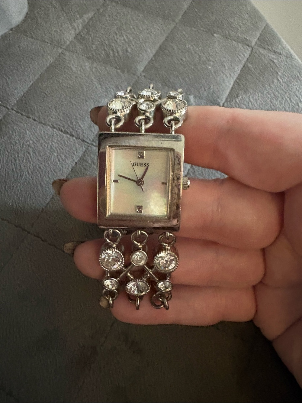 GUESS Silver Crystal Link Bracelet Watch with Mother-of-Pearl Dial